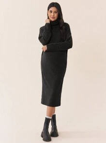 SHEIN 婴儿洗礼秋冬孕妇装，高领落肩袖，孕妇紧身针织连衣裙 - 黑色 - 查看 8