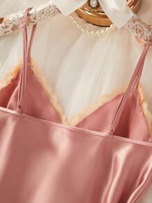 对比色蕾丝缎睡衣套装/睡衣套装 - 淺粉色 - 查看 6