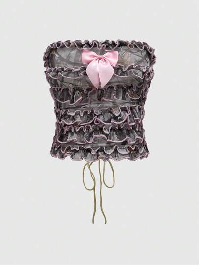 Kawaii Y2K Camouflage Ruffled Pink Bow Tulle Blouse For Women
