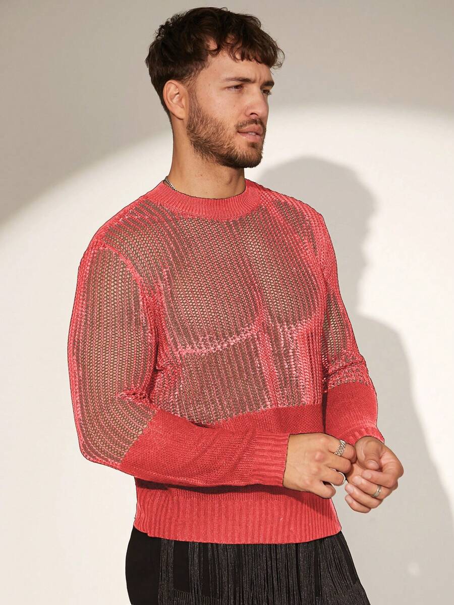 FeverCity Men's Autumn Fashionable Sexy Hollow-Out Patchwork Sheer Knit Sweater