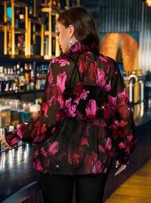 Gownix 大码女式优雅锁孔领花卉印花雪纺衬衫，新年女装，情人节 - 玫紅色 - 查看 3