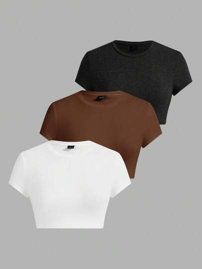 SHEIN EZwear Set de 3 camisetas de manga corta casuales y minimalistas en negro/blanco/marrón, aptas para el verano
