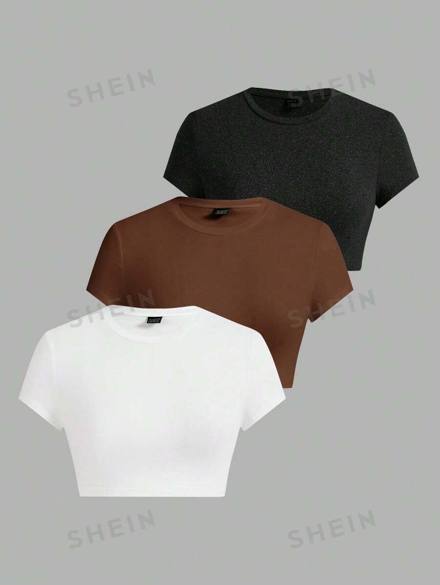 SHEIN EZwear Set de 3 camisetas de manga corta casuales y minimalistas en negro/blanco/marrón, aptas para el verano - Multicolor - View 1