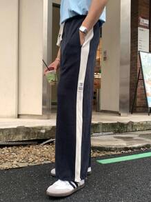 Manfinity Dauomo Men's Casual Solid Color Patchwork Drawstring Sweatpants - Navy Blue - View 3