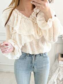 DAZY Women's Textured Fabric Ruffle Collar Casual Blouse, Spring/Summer - Apricot - View 1