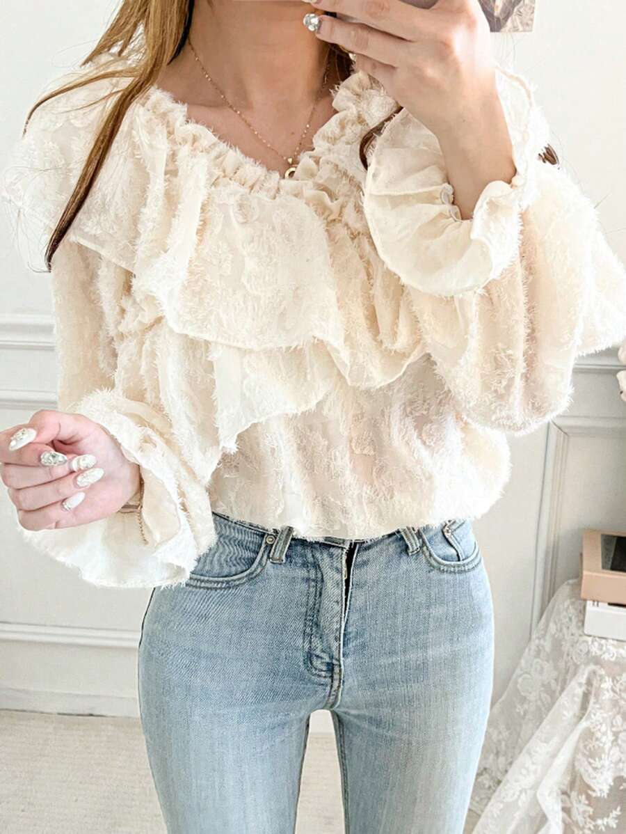 DAZY Women's Textured Fabric Ruffle Collar Casual Blouse, Spring/Summer - Apricot - View 1