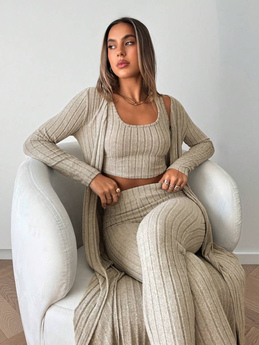 SHEIN Essnce 女式纯色长袖罗纹长开衫搭配短裤和背心三件套秋冬季 - 米色 - 查看 1