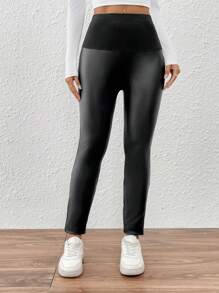 SHEIN Essnce Quần legging bó bụng không đường may cạp cao cho nữ, quần legging tập yoga bó, quần PU, quần thể thao, quần đạp xe, màu đen - màu đen - Xem 5