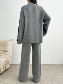 SHEIN Tall 2pcs/Set Winter Casual Colorblock Patchwork Turtleneck Sweater And Pants Suit - Grey - View 2