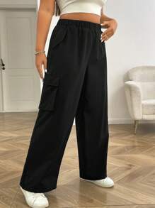 SHEIN EZwear Plus Size Casual Versatile Black Straight Leg Cargo Pants