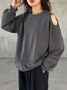 FRIFUL Damska szara jednokolorowa luźna, skrócona koszulka z odkrytymi ramionami, wiosna