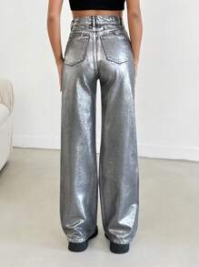 EURMUSE Fashion Metallic Feeling High-Waisted Straight Leg Jeans - Light Grey - View 2