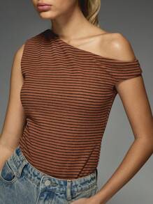 MISSGUIDED Asymmetric One Shoulder Bodysuit Horizontal Stripe Pattern Ribbed Knit Summer Spring Casual Club Evening Wear Modern Fashion Statement - Multicolor - View 5