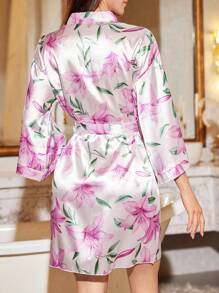 LuxeNights Women's Floral Satin Long Sleeve Loose Robe