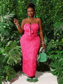 Slaydiva 大码优雅、派对、约会、性感合身纯色紫红色露肩前系带透明面料连衣裙，春夏