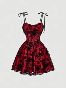 SHEIN MOD 大码复古黑色网眼刺绣蝴蝶结装饰吊带 A 字迷你连衣裙，适合夏季