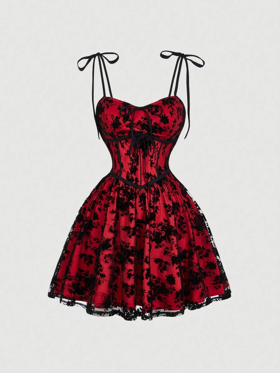 SHEIN MOD 大码复古黑色网眼刺绣蝴蝶结装饰吊带 A 字迷你连衣裙，适合夏季