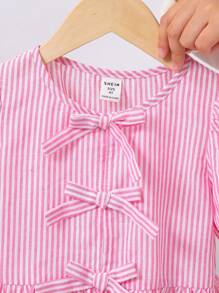 SHEIN LMoss Kids Young Girl Woven Striped Round Neck Puff Sleeve Casual Shirt - Pink - View 3