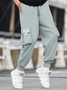 Manfinity Hypemode Men Plus Size Letter Patched Flap Pocket Side Drawstring Waist Cargo Pants, Fall - Dusty Blue - View 4
