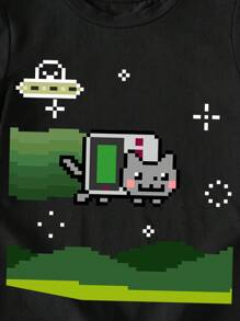 Nyan Cat X SHEIN 年轻男孩休闲短袖圆领T恤，适合夏季 - 黑色 - 查看 3