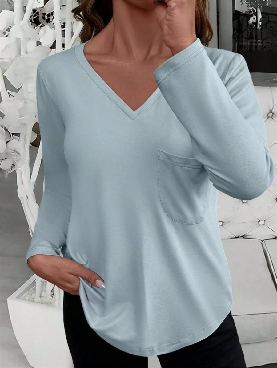 INAWLY Áo thun dài tay đơn giản hàng ngày màu trơn cho nữ Plus Size - Xám - Xem 1