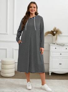 SHEIN LUNE Plus Size Women Side Pocket Black & White Striped Hooded Long Sleeve Midi Casual Dress Valentine's Day Dresses - Black and White - View 4