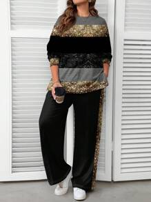 EMERY ROSE Conjunto informal de sudadera con capucha con estampado de rayas doradas, talla grande