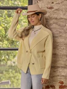 LanaWest Women's Fashion Simple Solid Color Drop Shoulder Long Sleeve Casual Cardigan Sweater