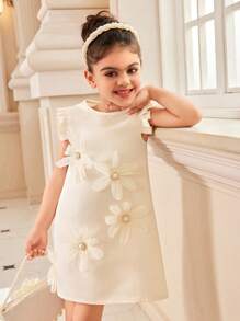 Young Girl Round Neck Sleeveless Simple Casual Dress With 3D Floral Decor - Multicolor - View 1