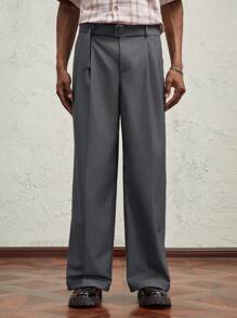 AKNOTIC Business Casual 男士编织长款中腰休闲直筒裤，适合日常搭配 - 深灰色 - 查看 4