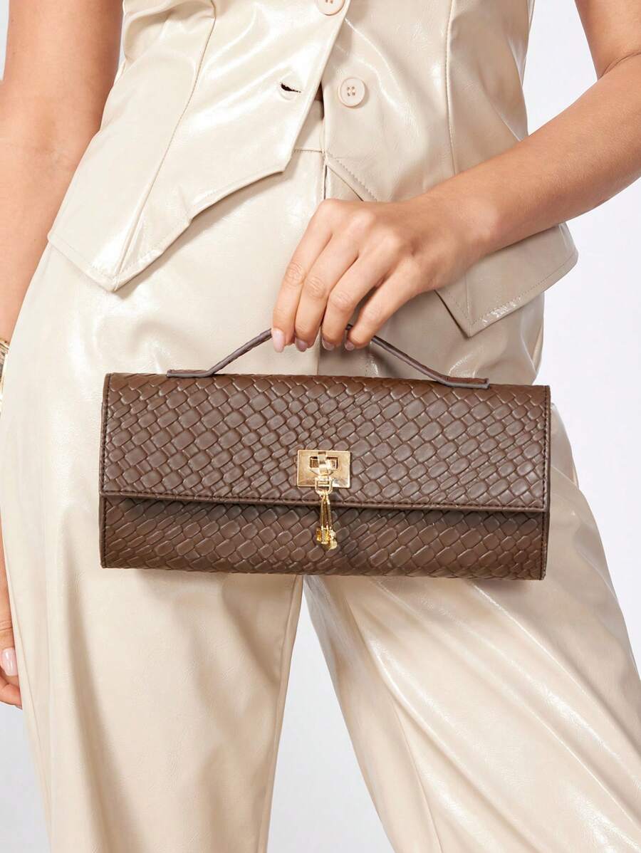 SHEIN SXY 女士，女式手提包，编织包，时尚，简约，优雅，多功能，经典，棕色，适合经典、通勤、办公室、约会、日常、购物、下午茶、派对、舞会、俱乐部、约会、生日、晚会、约会之夜 - 咖啡棕 - 查看 1