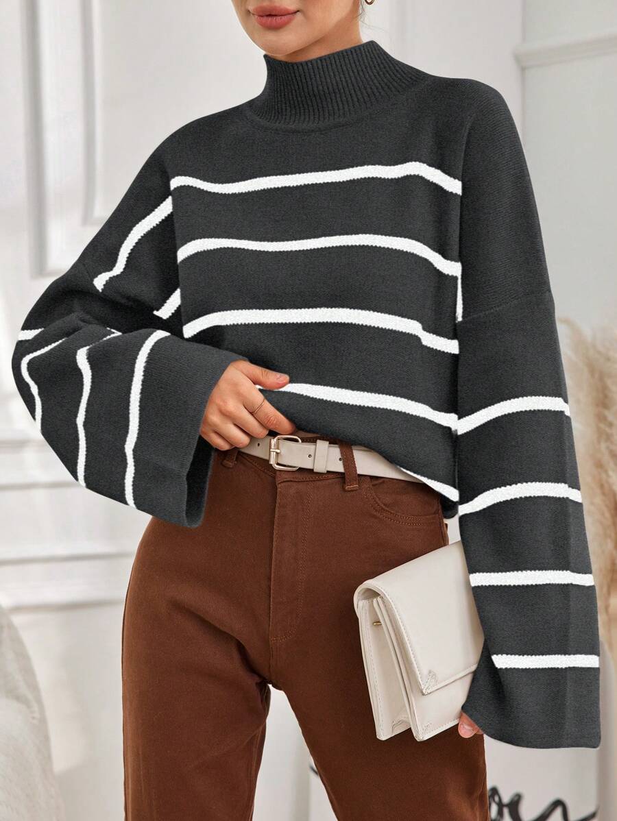 EURMUSE Women's Casual Color Block Striped Stand Collar Bell Sleeve Sweater, Autumn/Winter - Dark Grey - View 1