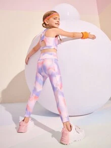 SHEIN 年轻女孩扎染印花运动套装、吊带背心和紧身裤、瑜伽跑步健身运动 - 彩色 - 查看 6