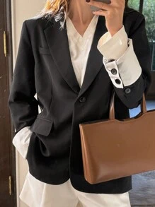 DAZY Women's Casual Commuter Two-Tone Cuff Blazer Jacket Business Attire - Black - View 4
