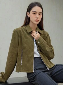 Dazy-Less Kurze anliegende PU-Lederjacke für Frauen, Herbstkleidung