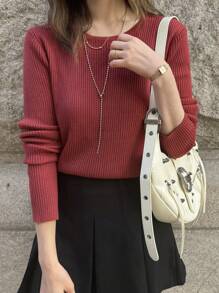 FRIFUL Women Solid Color Crew Neck Slim Fit Long Sleeve Sweater, Autumn/Winter