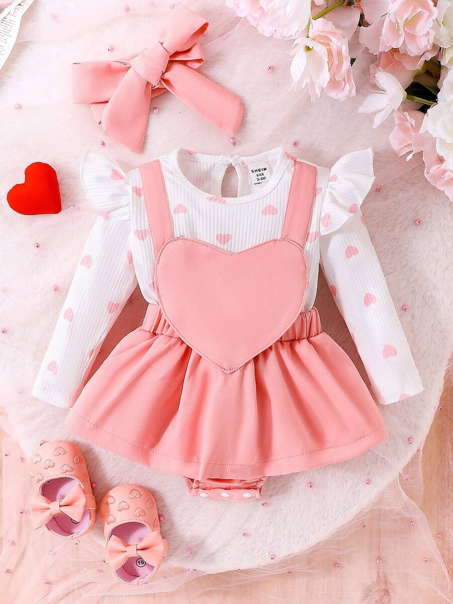 SHEIN 1 bộ đồ liền thân tay dài in họa tiết trái tim sọc caro cho bé gái + băng đô - Hồng - Xem 1