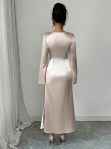 Elenzga Women's Solid Color Round Neck Long Sleeve Ruched Waist Maxi Elegant Dress
