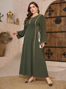 Al Najma Plus Size Women V-Neck Long Sleeve Split Tie-Up Tassel Waist Slim Elegant Arabian Dress, Plus Size Arabian Dresses,Modest