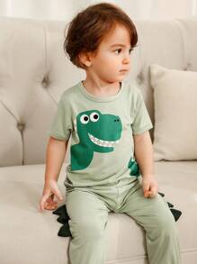 SHEIN 2pcs/Set Baby Boys Cartoon Dinosaur Print Short Sleeve Tee + Elastic Waist Long Pants, Soft Breathable Sports Outfit, Casual Wear For Spring - Green - View 7