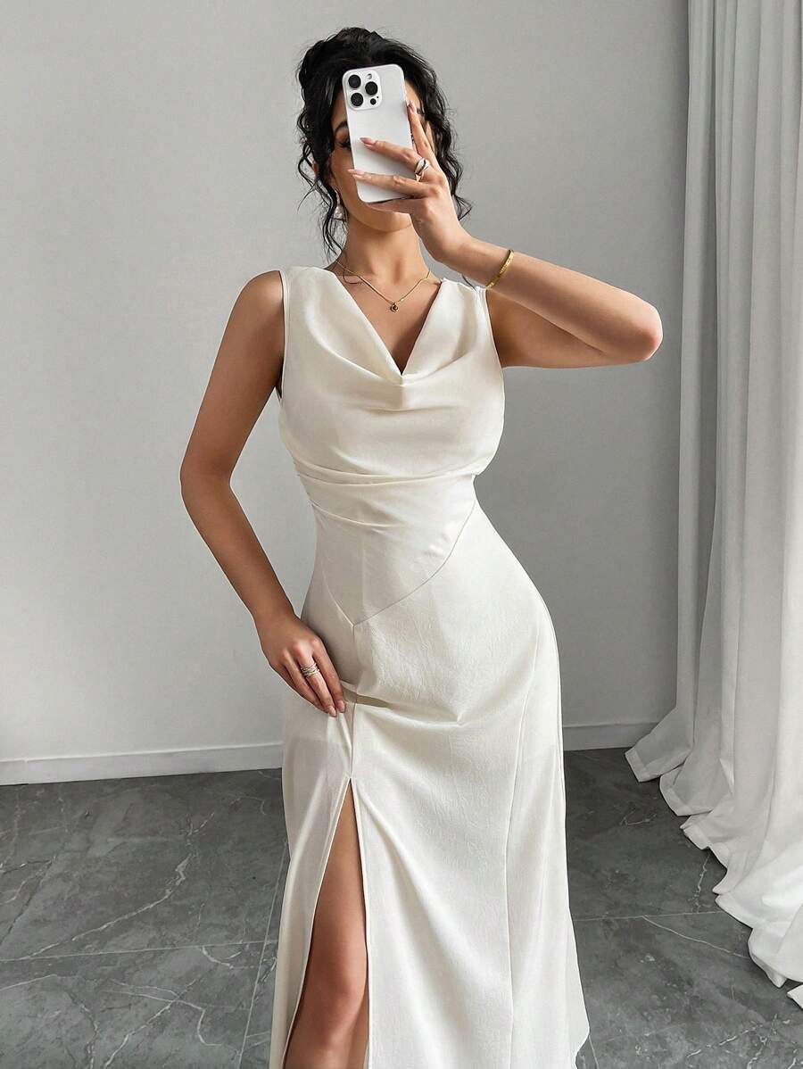 Chiquease Robe longue élégante femme de couleur unie, col en V, fendue sur le côté, sans manches, robe de soirée formelle, robe longue sexy - Nude - Voir 1