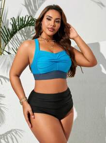 SHEIN Swim Curve Maillot de bain grande taille pour femmes avec twist color-block taille haute, parfait pour l'été