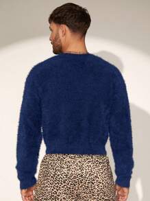 FeverCity Men's 5cm Faux Mink Fur Collar Loose Knit Long Sleeve Sweater, For Fall Winter - Navy Blue - View 4