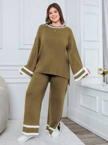RueChic 1pc Contrast Trim Drop Shoulder Sweater & 1pc Knit Pants