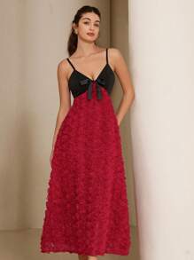 Aveloria Rosie French Elegant Romantic Floral Decor Sleeveless Contrast Color Paneled Maxi Layered Hem Dress For Women, Suitable For Spring/Summer, Valentine's Day - Red - View 8