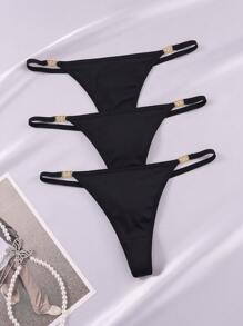 3pcs/Pack Women's Simple Solid Color Metal Decor G-String Panty - Black - View 3