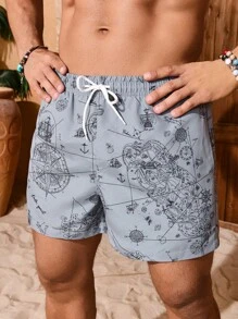 Manfinity Swimmode Men's Beach Shorts Drawstring Waist Front Tie Pocket Allover Print Beach Vacation Hawaiian, Men S Beachwear, Men Vacation Beachwear, Grey Swim Trunks, Men Floral Swim Trunks, Men Swim Trunk Matching - Grey - View 5