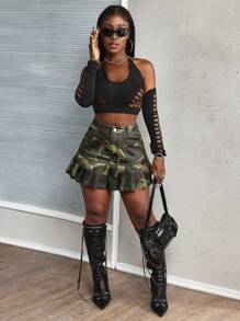 SHEIN Slayr Women Pocket Detail Camouflage Denim Pleated Mini Skirt