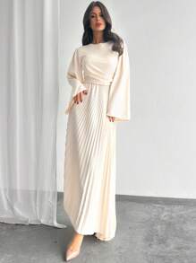 Firerie New Year Valentine's Day Women's Solid Color Round Neck Flare Sleeve Pleated Asymmetric Hem Elegant Dress