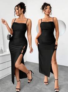 Elenzga Elegante vestido de fiesta con escote pronunciado y abertura alta para mujer de talla grande con decoración de moño